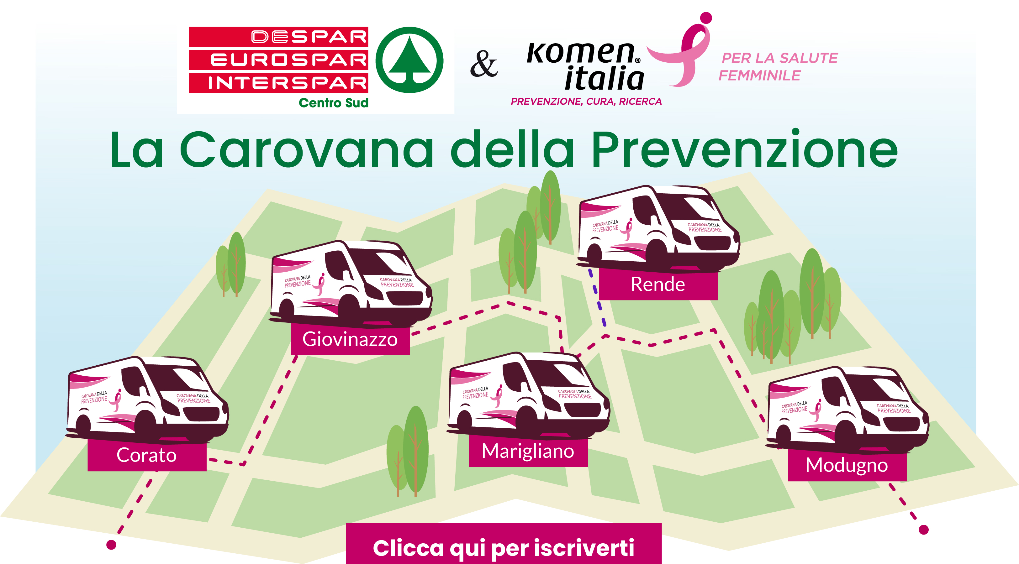 Despar, Eurospar, Interspar Centro Sud e Komen Italia: la Carovana della Prevenzione fa tappa a Corato, Giovinazzo, Rende, Marigliano e Modugno